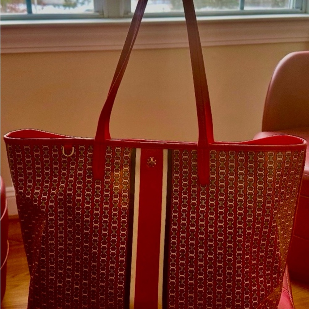 Tory Burch Red and Gold Patterned Tote